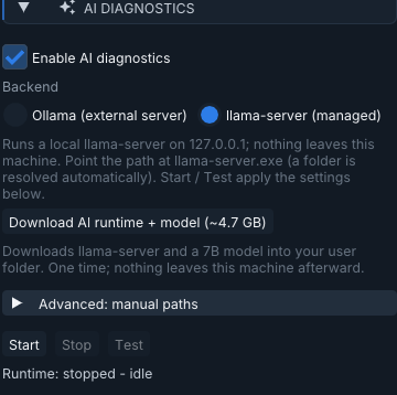 Settings AI diagnostics panel: enable toggle, Ollama or llama-server backend, and the download button