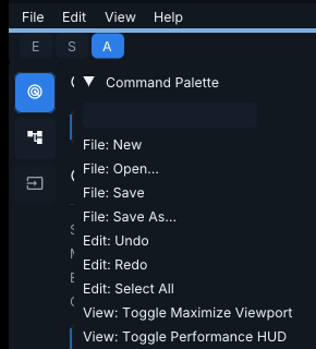 Command palette overlay listing File, Edit, View, and Workspace commands