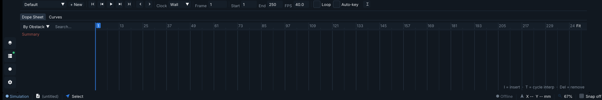 Dope sheet timeline with playback controls and per-track keyframes