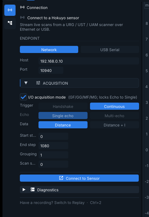 Connection panel with Network and USB endpoints, acquisition trigger, echo, and data mode