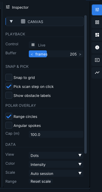 Inspector panel sections: Canvas, Playback, Snap and Pick, Polar Overlay, Data