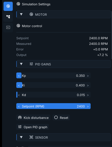 Motor control panel with setpoint, measured value, error, output, and PID gains Kp Ki Kd