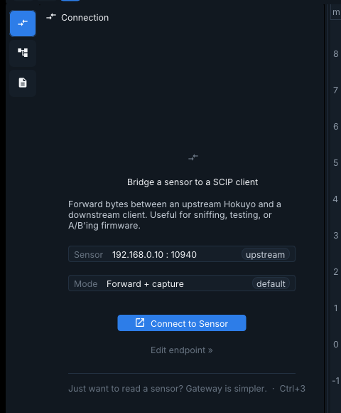 Proxy connection panel bridging an upstream Hokuyo at 192.168.0.10 to a downstream SCIP client