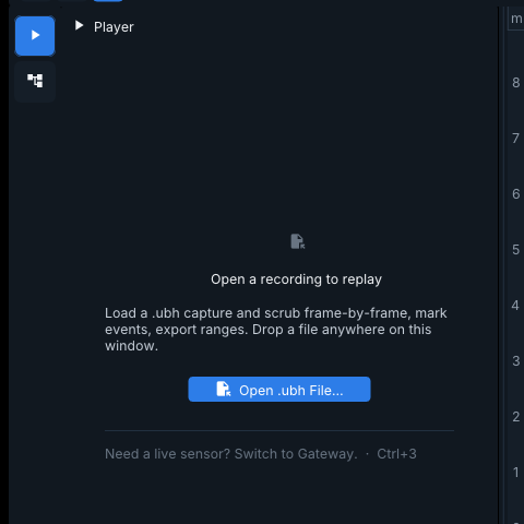 Replay mode empty state with an Open .ubh File button