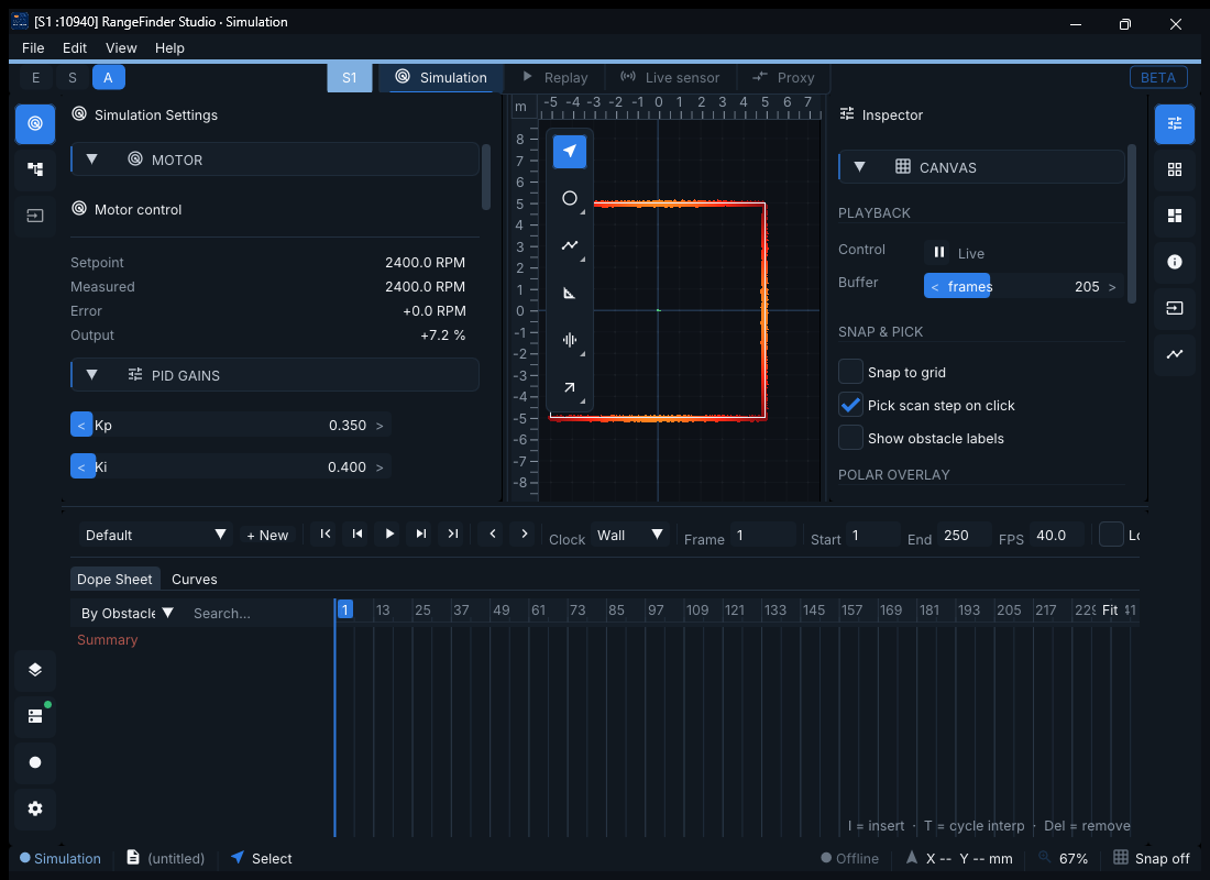 Simulation workspace at 1100 by 800 pixels with motor, canvas, inspector, and dope sheet still visible