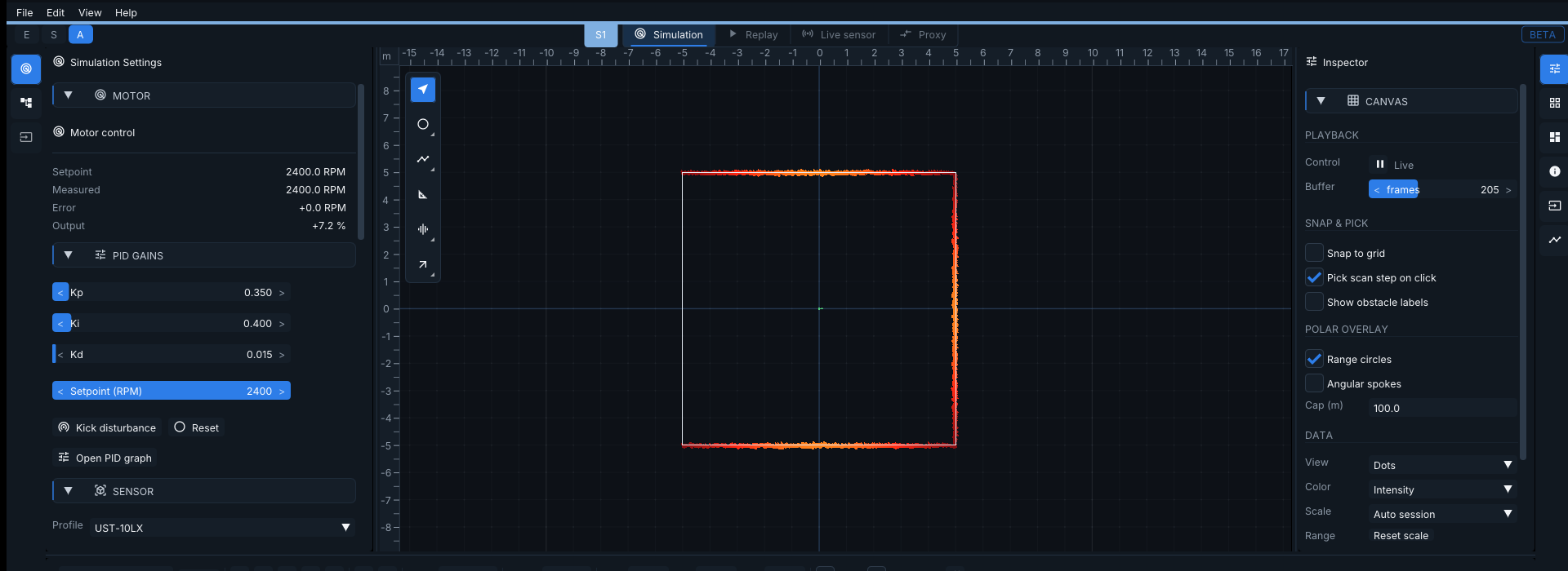 Simulation workspace showing motor panel, polar canvas, and inspector