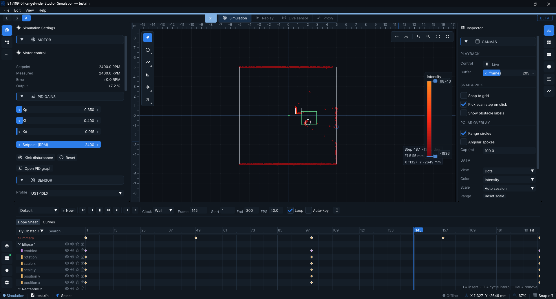 RangeFinder Studio simulation workspace showing motor control, polar scan canvas, inspector, and dope sheet timeline